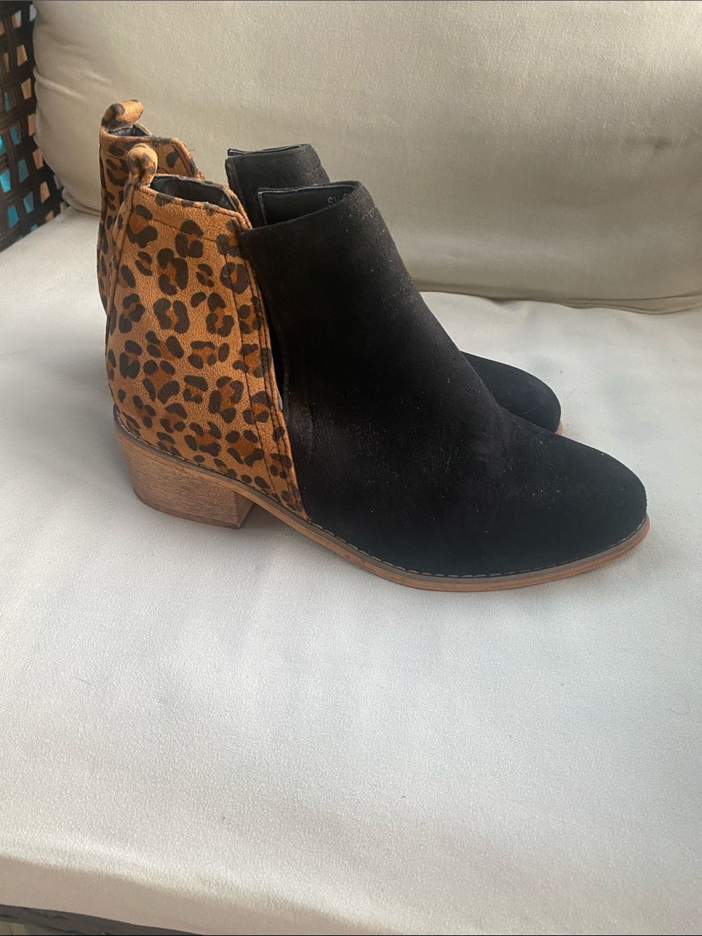 Black Suede Ankle Booties with Leopard-Print Heel Accent